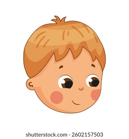 Vector illustration of a cheerful child’s face with light brown hair, round eyes, and a friendly smile, expressing cheerfulness.
