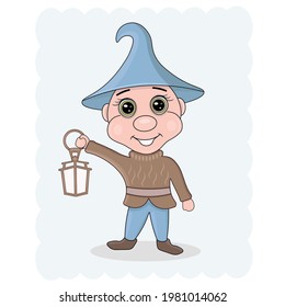 Vector illustration of a cheerful, fairy-tale dwarf, elf with a lantern.