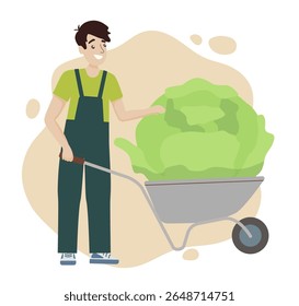 Ilustração vetorial de um agricultor alegre empurrando um carrinho de mão com um repolho gigante. O fazendeiro está sorrindo, mostrando entusiasmo pela agricultura e pelas atividades agrícolas.