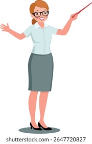 Vector illustration of a cheerful female teacher in a white blouse and grey skirt, holding a red pointer and smiling. Isolated on white background