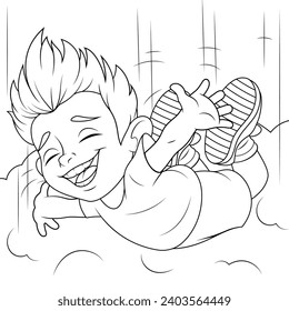 Vector illustration, cheerful funny boy playing jumping, coloring book.