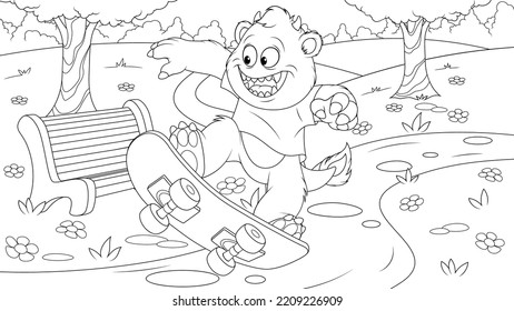 Vector illustration, cheerful funny cartoon monster, rides a skateboard in the park, coloring book