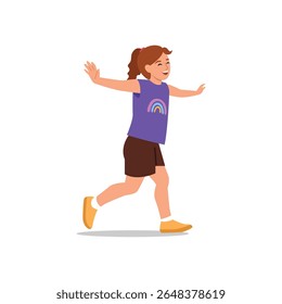 Vector illustration of a cheerful girl. Cartoon scene of a joyful girl with outstretched arms running, wearing a violet t-shirt with a colorful rainbow, brown shorts isolated on a white background.