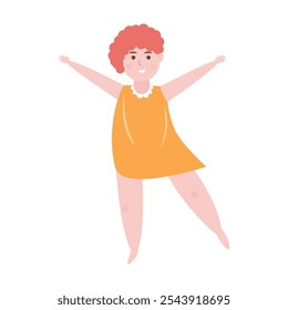 Vector illustration of a cheerful girl with curly hair in a bright orange dress