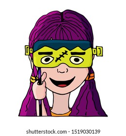 Vector illustration. Cheerful girl in Frankenstein mask, cartoon style. Halloween.