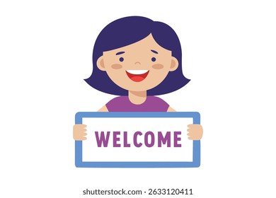 Vector illustration of a cheerful girl holding a "Welcome" sign. Perfect for greetings, educational materials, or advertising designs that convey friendliness and openness.