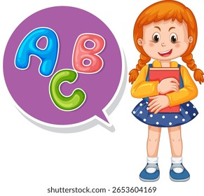 Vector illustration of a cheerful girl holding a book with vibrant alphabet letters. Bright colors and playful design enhance educational themes