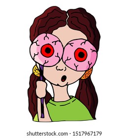 Vector illustration. Cheerful girl in a mask with crazy red monster eyes, cartoon style. Halloween.