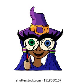 Vector illustration. Cheerful girl in a mask with crazy monster eyes, cartoon style. Halloween.