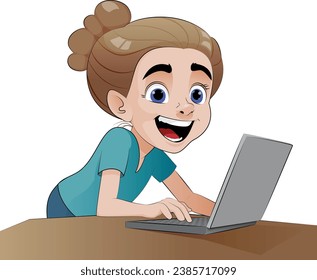 Vector illustration of a cheerful girl. She is wearing a blue jacket and skirt. The girl looks at her laptop and smiles happily. Suitable for illustrating the educational process.