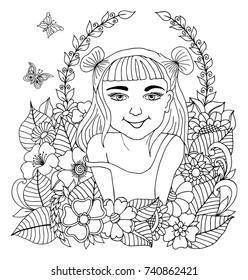 Vector illustration. A cheerful girl surrounded by flowers. Coloring book. Antistress for adults and children. The work was done in manual mode. Black and white.