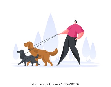 Vector illustration of cheerful guy in casual clothes walking with dogs on leashes and smiling while spending time at park