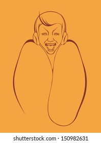 Vector illustration of a cheerful guy with headphones on orange background