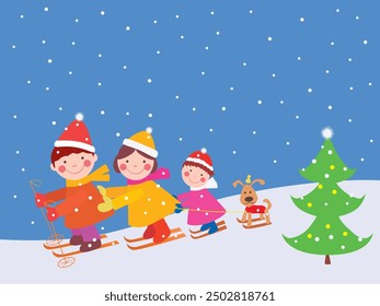 Vector illustration of cheerful happy cartoon family with dog skiing in Christmas time on snowy december day