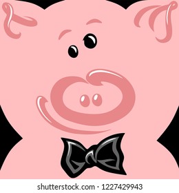 Vector illustration of a cheerful happy face of a pig gentleman in a bow tie on a pink background