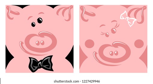 Vector illustration of a cheerful happy face of a pig gentleman in a bow tie and a pig girl with a bow on a pink background