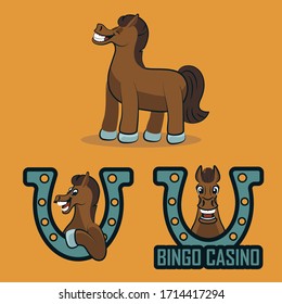 Vector illustration of a cheerful horse in full growth. Animal mascot character with a smile. Horseshoe for good luck. Lettering bingo casino.