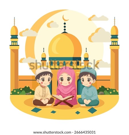 Vector illustration of cheerful kids learning to read the Quran, Islamic decor, warm lighting, flat cartoon style.