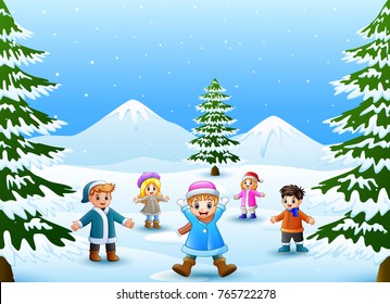 Vector illustration of Cheerful kids playing in the snow