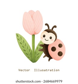 Ilustración vectorial: Una mariquita alegre descansando sobre un tulipán floreciente. Diseño lindo y vibrante con una paleta de colores naturales. Perfecto para impresiones, pegatinas, tarjetas de felicitación o decoración de medios digitales.