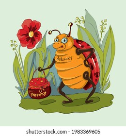 vector illustration of a cheerful ladybug working in honey delivery