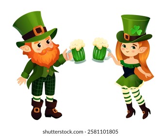 Vector illustration of a cheerful leprechaun couple celebrating St. Patrick's Day with mugs of green beer. The male and female leprechauns wear traditional Irish outfits, including green hats with