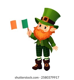 Vector illustration of a cheerful leprechaun holding the Irish flag. The character wears a traditional green outfit, including a top hat, coat, and plaid trousers, with a bushy red beard and pointed