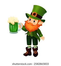 Vector illustration of a cheerful leprechaun holding a frothy mug of green beer, dressed in traditional Irish attire. He wears a green top hat with a buckle, a matching coat, plaid trousers, and brown