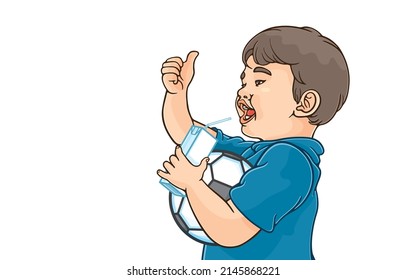 Vector illustration of cheerful little asian boy holding carton of milk,juice package with straw,showing thumb up while hugging his soccer ball,on white,Benefits of milk and sports for children.