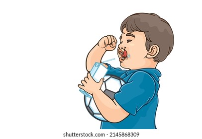 Vector Illustration Of Cheerful Little Asian Boy Holding Carton Of Milk,juice Package With Straw,licking Lips,raising His Fist While Holding His Soccer Ball,on White,Benefits Of Milk,sports For Kids.