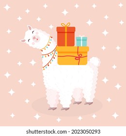Vector illustration with a cheerful llama with gifts on a pink background with stars. Suitable for baby texture, textile, fabric, poster, greeting card, decor. Cute alpaca from Peru.