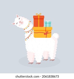 Vector illustration with a cheerful llama with gifts on a blue background. Suitable for baby texture, textile, fabric, poster, greeting card, decor. Cute alpaca from Peru