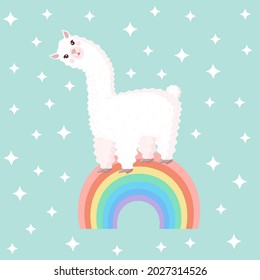 Vector illustration with a cheerful llama on a rainbow on a blue background with stars. Suitable for baby texture, textile, fabric, poster, greeting card, decor. Cute alpaca from Peru.