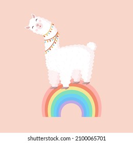 Vector illustration with a cheerful llama on a rainbow on a pink background. Suitable for baby texture, textile, fabric, poster, greeting card, decor. Cute alpaca from Peru