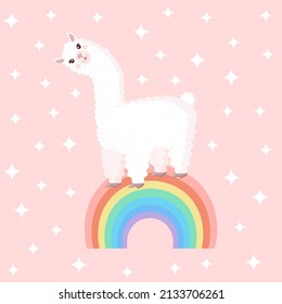 Vector illustration with a cheerful llama on a rainbow on a pink background with stars. Suitable for baby texture, textile, fabric, poster, greeting card, decor. Cute alpaca from Peru.