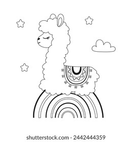 vector illustration with cheerful llama on rainbow, outline card with cute alpaca on stars and cloud background, flat design for baby texture, textile, fabric, poster, greeting card, decor