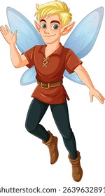 Vector illustration of a cheerful male fairy with blue wings, wearing a red tunic and brown boots, in a whimsical style