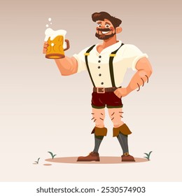 Ilustração vetorial. Homem alegre com corpo atlético em trajes tradicionais levanta caneca de cerveja espumosa com sorriso largo. Estilo de arte dos desenhos animados. Conceito de comida e bebida, tradições, Oktoberfest, bebida.