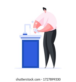 Vector illustration of cheerful man in casual clothes washing hands with soap and removing germs over sink in bathroom at home