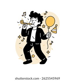 Vector illustration of a cheerful man celebrating with a party horn and balloon, surrounded by music notes and festive elements