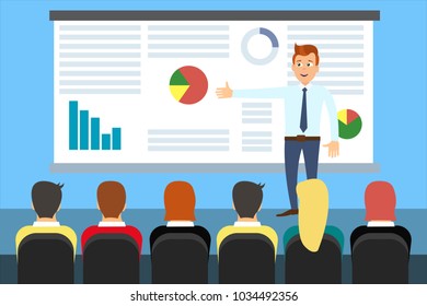 Vector illustration of cheerful man making presentation on stage in office. Business presentation conference concept. Eps flat horizontal image.