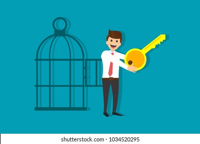 Vector illustration of cheerful man standing with key at opened cage on blue background. I found the key to freedom concept. Eps flat horizontal image.