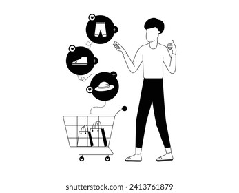 Vector illustration of a cheerful man standing with thumbs up, showcasing his wishlist and liked products above a shopping cart filled with e-commerce items.