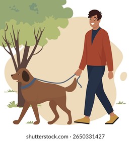 Ilustração vetorial de um homem alegre passeando com seu cachorro em uma coleira em um cenário de parque. A cena captura um momento de prazer ao ar livre com árvores e vegetação ao fundo.