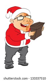 Vector illustration of a cheerful man wearing santa hat and holding pouch, isolated on white background.