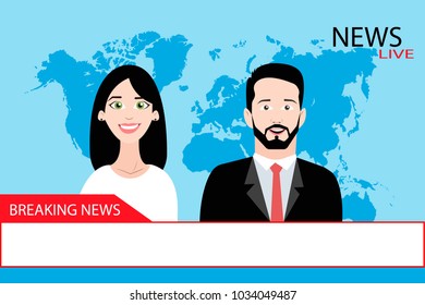 Vector illustration of cheerful man and woman newscasters on background of blue world map. Two journalists presents breaking news concept. Eps flat horizontal image.
