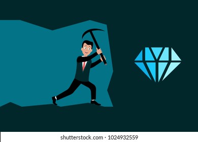 Vector illustration of cheerful miner digging for diamond with pickaxe. Eps vector illustration