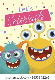 Vector illustration of cheerful monsters with colorful polka dots, expressing joy and excitement. Perfect for party themes, invitations, and festive designs.