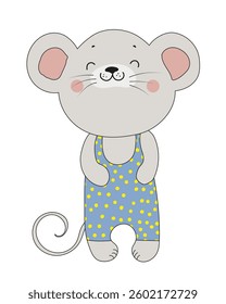 Vector illustration of a cheerful mouse wearing a blue polka dot outfit, standing with a friendly smile. Isolated on white background.