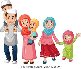 Ilustração vetorial de uma família muçulmana alegre, incluindo pais e crianças, vestindo trajes tradicionais coloridos com rostos expressivos e fundo branco limpo